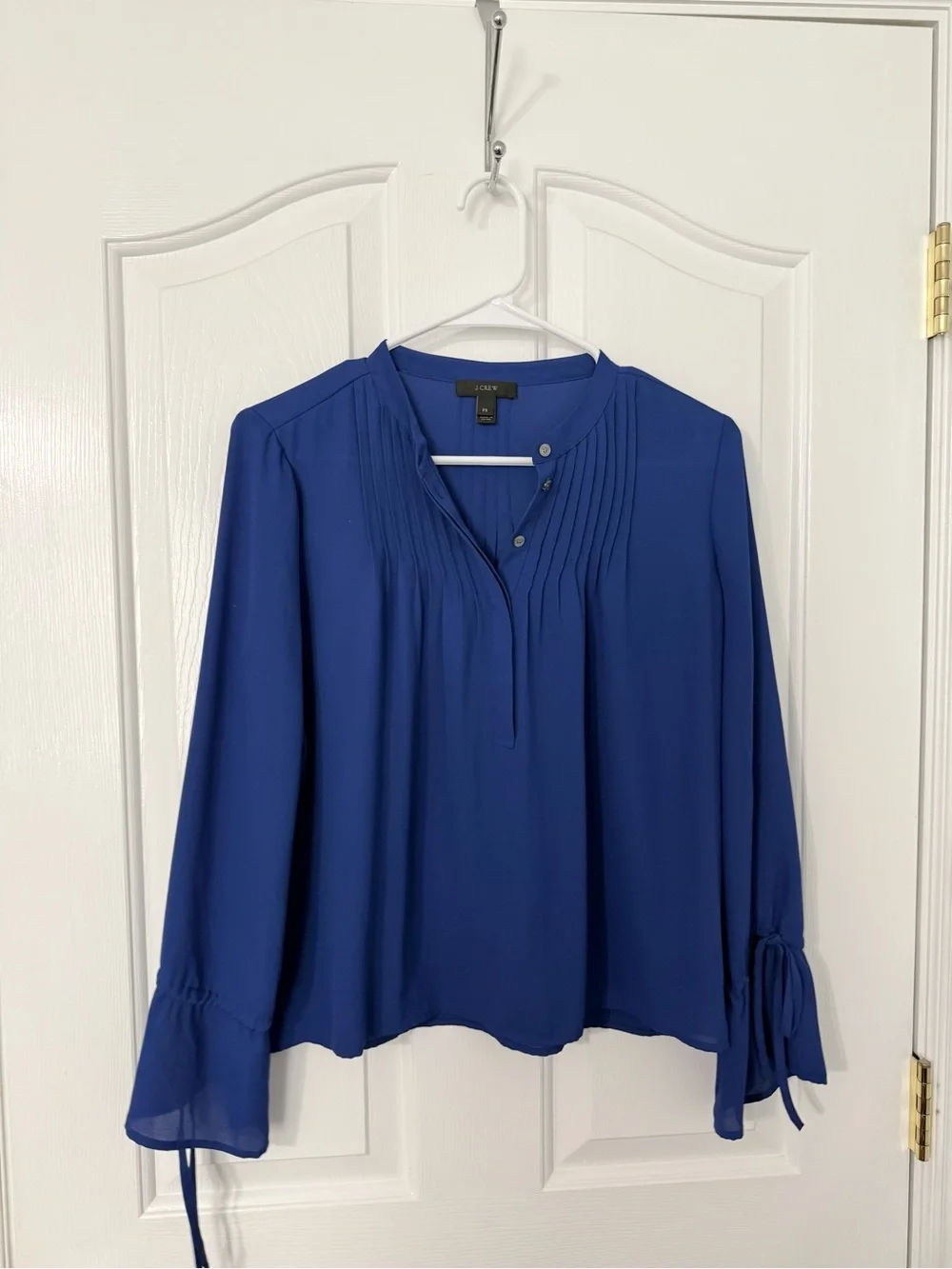 JCrew Royal Blue Pleated half button Long Sleeve Blouse